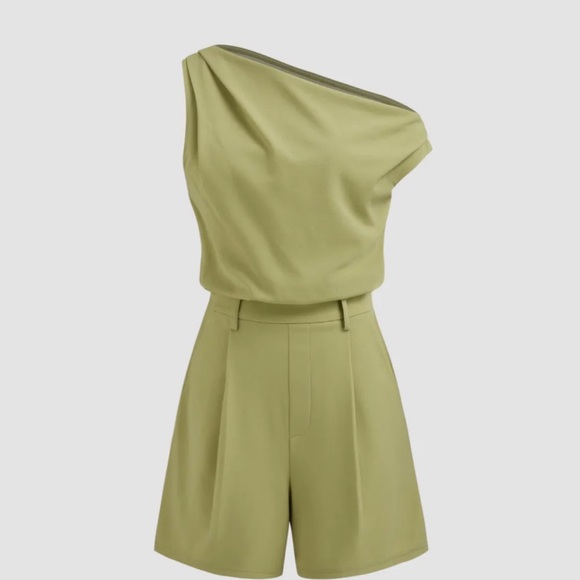 Cider Pants - ASYMMETRICAL NECK SOLID PLEATED ROMPER